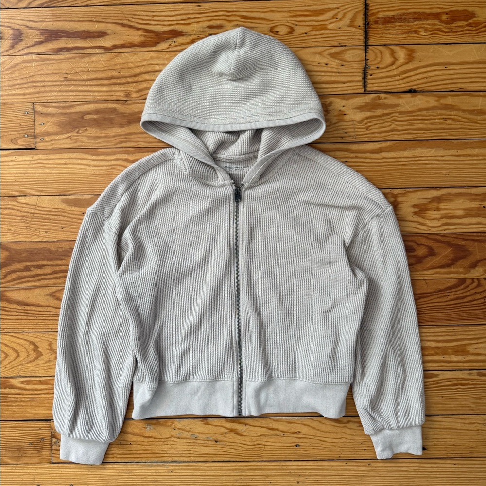 Abercrombie & Fitch Soft AF Cozy Crop Waffle Hoodie Sweater Sz M Zip Beige Gray